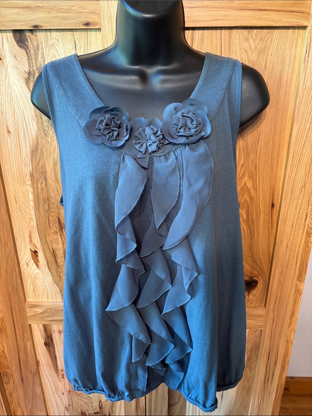 LOFT Slate Blue Ruffle Tank with Floral Appliqués